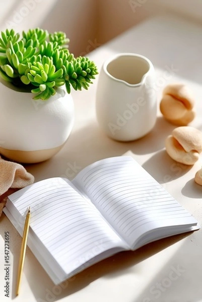 Obraz Open notebook with golden pen and succulent plant on sunlit desk