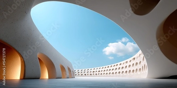 Obraz Modern architecture: curved structure with arched openings under blue sky