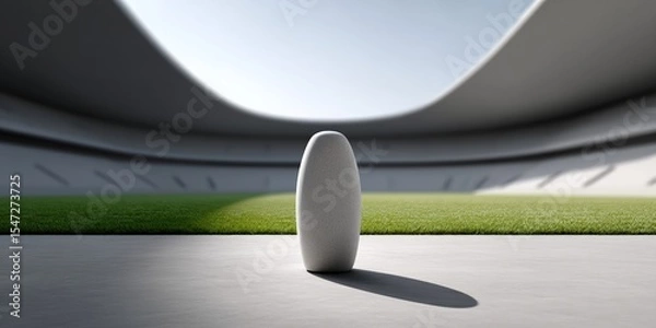 Obraz Futuristic oval sculpture in minimalist stadium with green grass and shadows