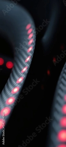Fototapeta Abstract close-up of undulating black carbon fiber ribbons with embedded red LED strips