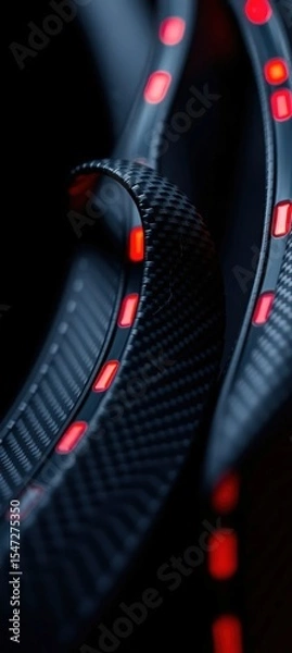 Fototapeta Abstract close-up of undulating black carbon fiber ribbons with embedded red LED strips
