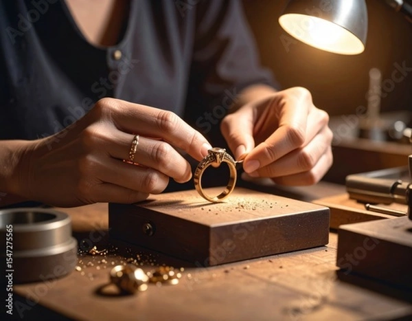 Fototapeta Close-up of a jeweler's hands meticulously working on a gold ring with a diamond, illuminated by a warm workshop lamp.