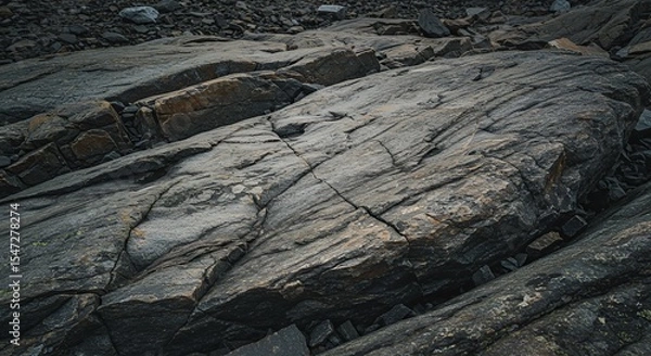 Fototapeta Dark, Weathered Coastal Rocks with Deep Fractures and Sediment