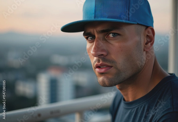 Fototapeta Man in blue cap on balcony with a defiant expression and clenched jaw