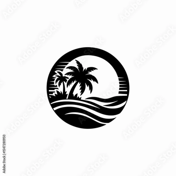 Fototapeta A stylized black and white logo featuring palm trees on a beach, with waves and the sun.
