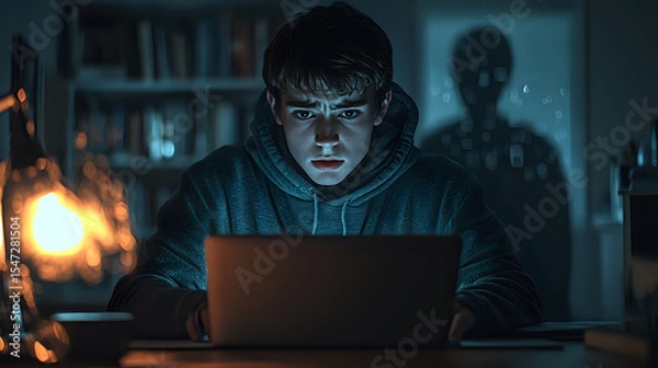 Fototapeta Young Asian male in hoodie working on laptop at night with dramatic lighting and mysterious shadow figure in background creating suspenseful atmosphere.