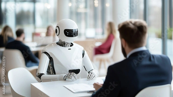 Fototapeta Humanoid AI robot at job inteview with businessman and human colleagues in modern office