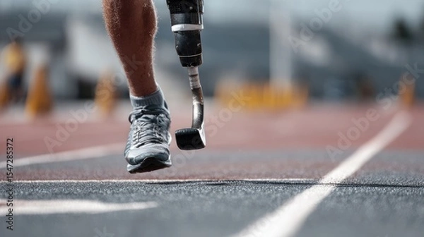 Fototapeta Defying Limits: A runner with a prosthetic leg sprints confidently on a track, embracing athletic prowess and strength
