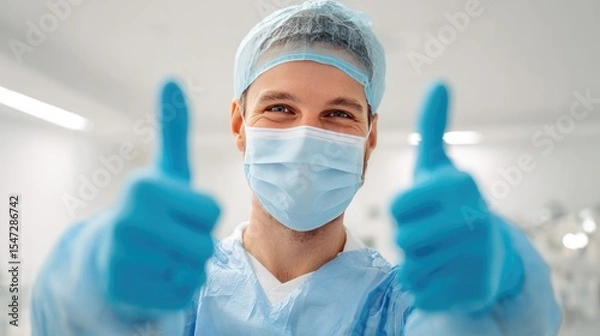 Fototapeta Surgeon Thumbs Up: A surgeon in sterile gown, mask, and gloves flashes a double thumbs up with reassuring smile.