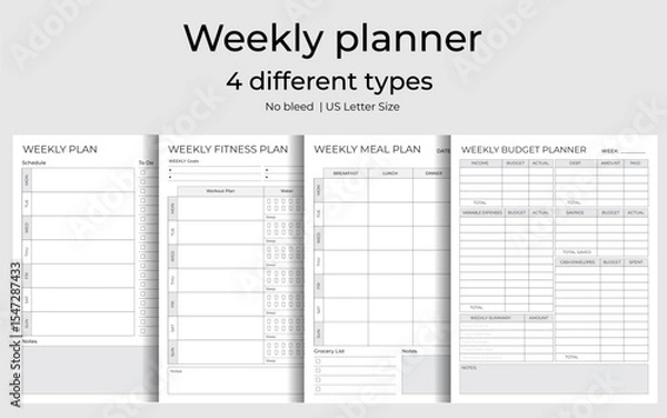 Obraz Weekly Planner Logbook Tracker Bundle Set – Vector Illustration for KDP Interior | Printable Low Content Organizers | 4 in 1 Layout 