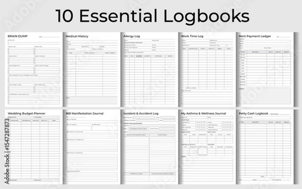 Obraz 10 Essential Logbooks Tracker Bundle Set – Vector Illustration for KDP Interior. Printable Logbooks for Personal, Medical & Professional Use.