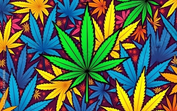 Obraz Vibrant cannabis leaf pattern design bold colors grunge texture pop art style blue and yellow leaves. High quality