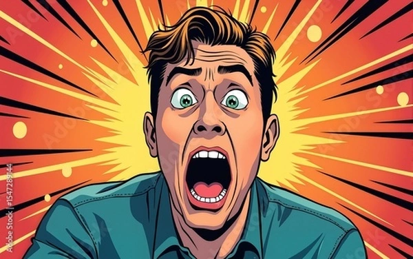 Obraz Pop art comic book style man in a panic with terrified eyes and face staring at something shocking or dreadful vector illustration. High quality