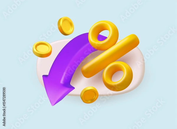 Fototapeta Low price vector 3d icon. Arrow with percent and flying coins. Cartoon discount offer illustration