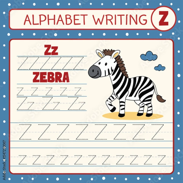 Fototapeta Cartoon Zebra Walking Beside Letter Z Tracing Lines for Alphabet Learning