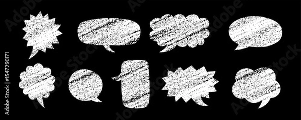 Fototapeta Chalk speech bubble set on blackboard. Vector hand drawn text box collection, crayon textured talk balloons. Childish design elements