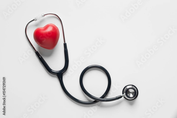 Fototapeta top view, Red heart shape exercise ball with doctor physician's stethoscope on white background. hospital life insurance concept, world heart health day. doctor day