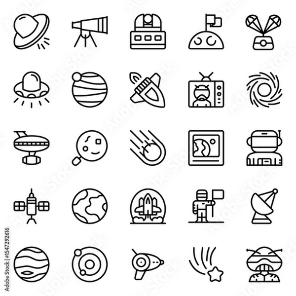 Fototapeta Collection of Basic Extrateresstrial Related Vector outline Icons. Contains Icons like Alien, Planet, Earth, Sun and more. Editable stroke. 48x48 pixels