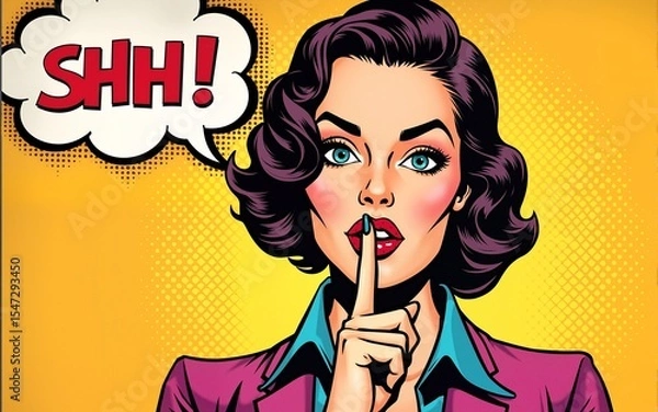 Obraz Pop art shhh woman, woman with finger on lips, silence gesture, pop art style woman banner, shut up. High quality