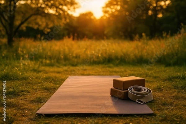 Fototapeta Yoga Mat Blocks and Strap in Golden Field