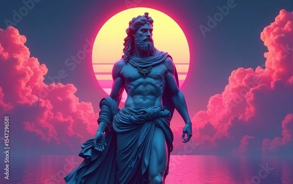 Obraz Greek god sculpture in retrowave city pop design, vaporwave style colors. High quality