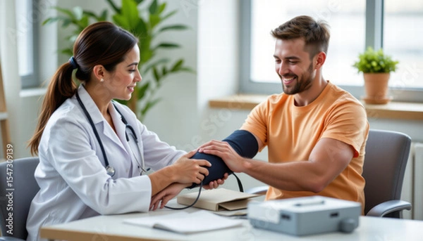 Fototapeta Healthcare professional measures blood pressure of patient modern clinic setting. doctor, dressed white coat, smiles while interacting with patient, who appears relaxed and engaged. environment