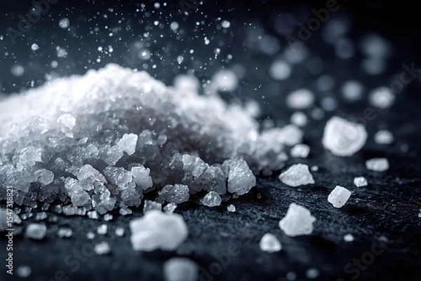 Obraz Coarse sea salt crystals are falling on a dark background, creating a dynamic and textured image that captures the essence of this natural ingredient