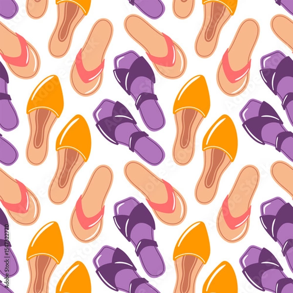 Obraz This seamless pattern showcases trendy summer sandals, perfect for capturing the spirit of sunny days. Ideal for fashion projects, beachwear, and vibrant designs that celebrate summer style and warmth
