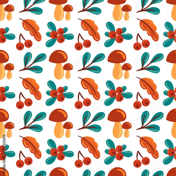 Obraz This seamless pattern features porcini mushroom, lingonberries, and foliage, creating a harmonious blend of nature. Perfect for eco-friendly designs, packaging, and autumn-themed projects.