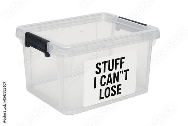 Obraz Transparent plastic storage box with label saying stuff i can't lose on transparent background