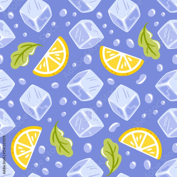 Obraz Seamless pattern featuring vibrant lemon slices, ice cubes, refreshing mint leaves, and droplets, creating a cool and refreshing design perfect for summer drinks and vibrant beverage illustrations