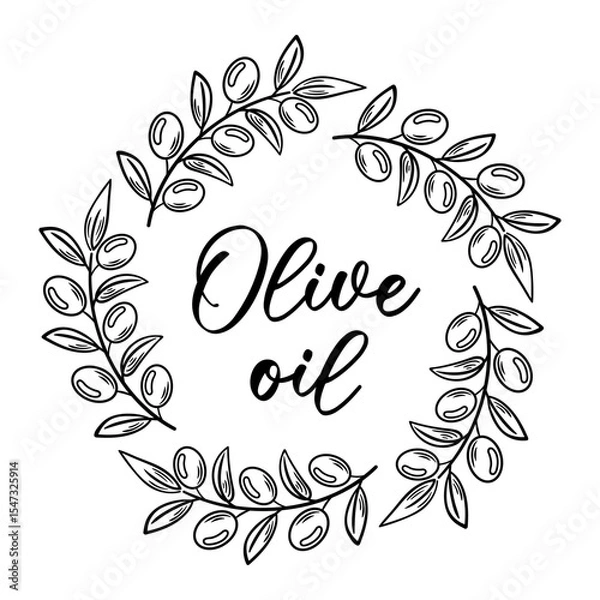 Obraz This vector illustration showcases a round frame made of olive branches, ideal for an olive oil label. Its elegant design exudes natural beauty and freshness, perfect for gourmet branding and eco
