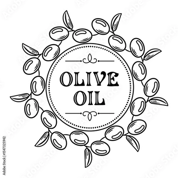 Obraz illustration features a round frame composed of olives, perfect for an olive oil label. The design embodies elegance and richness, enhancing any gourmet product with a touch of natural sophistication.
