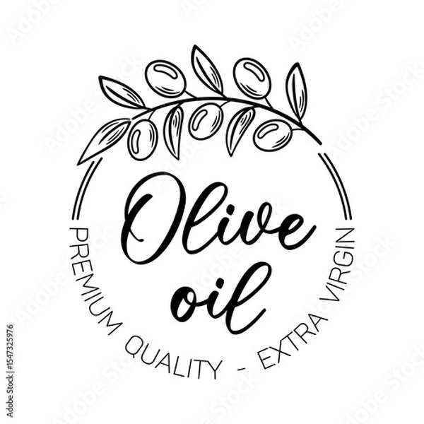 Obraz This vector illustration captures an elegant olive branch paired with a beautifully designed olive oil label, showcasing the essence of Mediterranean heritage, freshness, and premium quality in a