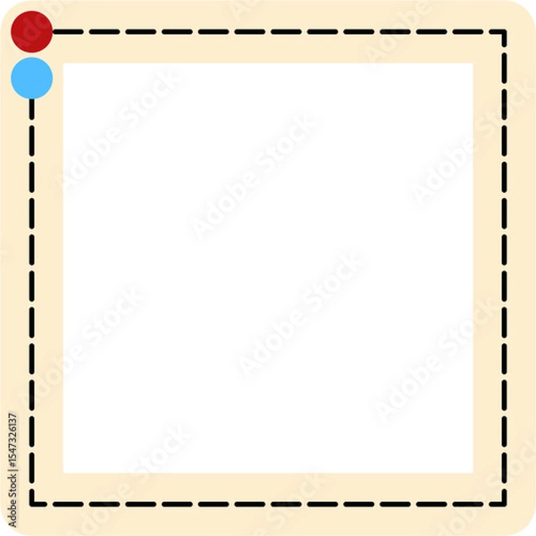 Fototapeta Dashed Bordered Square with Red and Blue Circles, Cream Background.