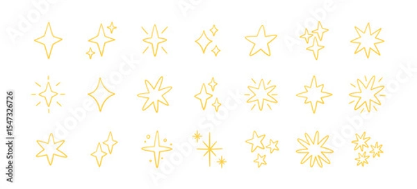 Obraz Doodle glitter twinkle star icons set. Yellow hand drawn shine star burst symbol. Sketch magic blink collection. Doodle spark line icons. Vector illustration on white background.