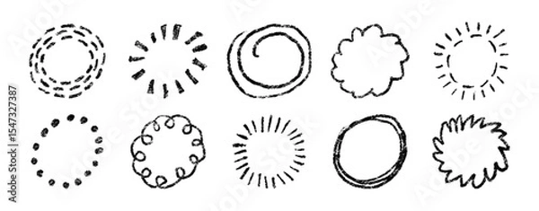 Obraz Doodle crayon circle. Hand drawn firework. Sketch brush star. Crayon texture circles. Doodle lines and dots. Hand drawn sparkle. Vector illustration on white background.