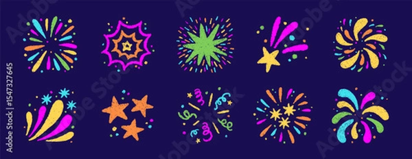 Obraz Crayon doodle firework symbol. Hand drawn firework pencil sketch. Chalk color magic sparkle. Crayon texture starburst. Vector illustration on white background.