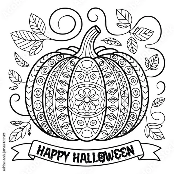 Obraz Detailed Mandala Pumpkin Coloring Page with Leaves - Autumn Line Art Illustration