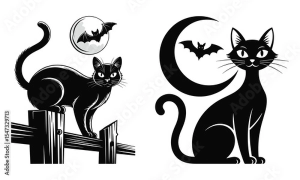 Obraz Halloween black cat silhouette, black and white background, black cat art design Vector