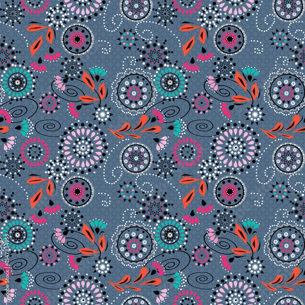 Obraz Ethnic folk abstract floral pattern retro gray blue color 