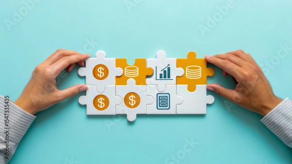 Fototapeta Hands assembling a puzzle with financial symbols, representing problem-solving in finance and investment strategies.