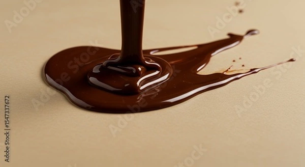 Fototapeta Melted Dark Chocolate Pouring onto Beige Surface, Creating Abstract Design