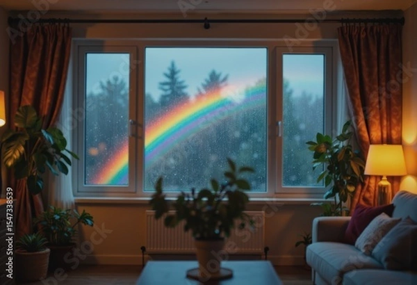 Obraz Unexpected rainbow appearing outside a cozy window on a rainy day