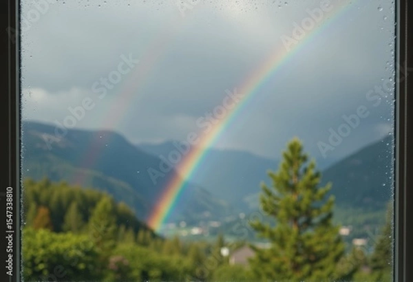 Obraz Unexpected rainbow appearing outside a window after a rain shower