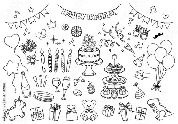 Obraz 誕生日パーティーイラストセット　手描き白黒線画