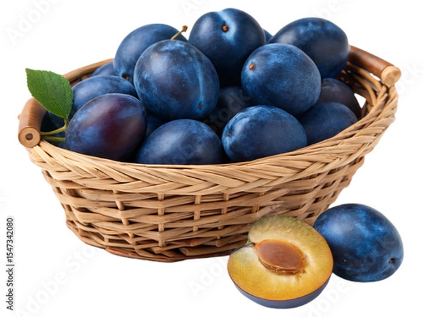 Obraz Blue plums in a fruit basket isolated on white background. Suitable for marketing or business purposes. PNG file