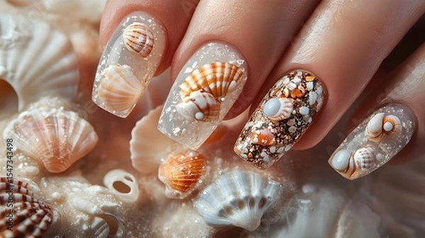 Fototapeta Nails  adorned with tiny seashells and ocean-inspired