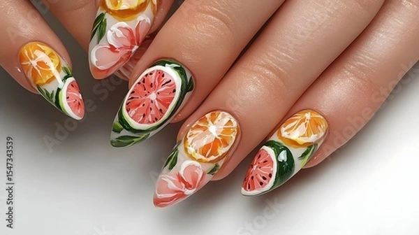 Fototapeta Nails decorated with fruit-themed designs like waterm