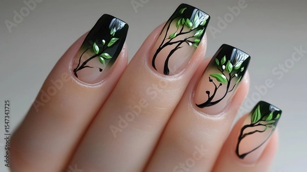 Fototapeta Nails painted in deep forest green with a glossy fini